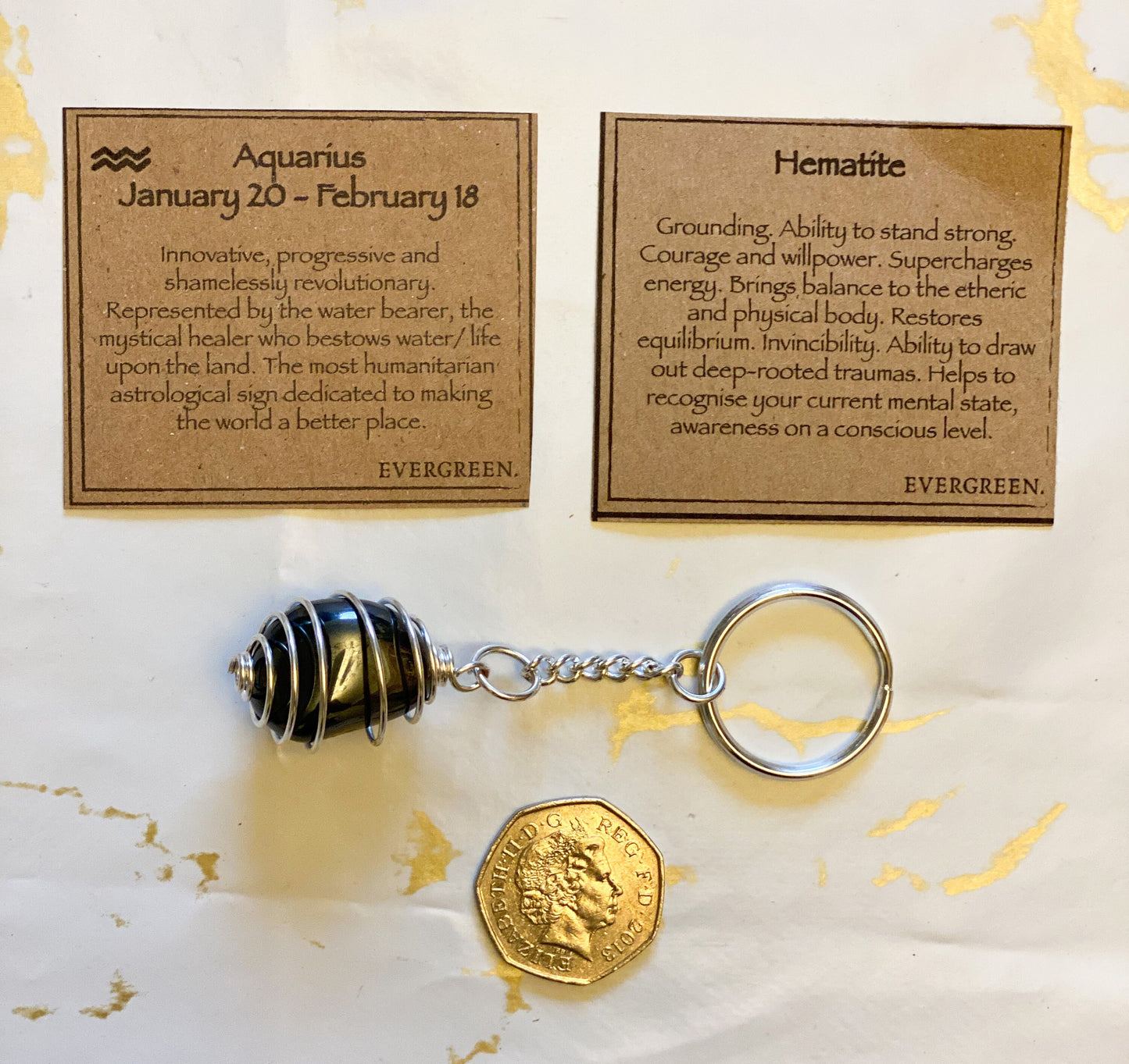 Aquarius Zodiac Magnetic Hematite Crystal Keychain Gift Set