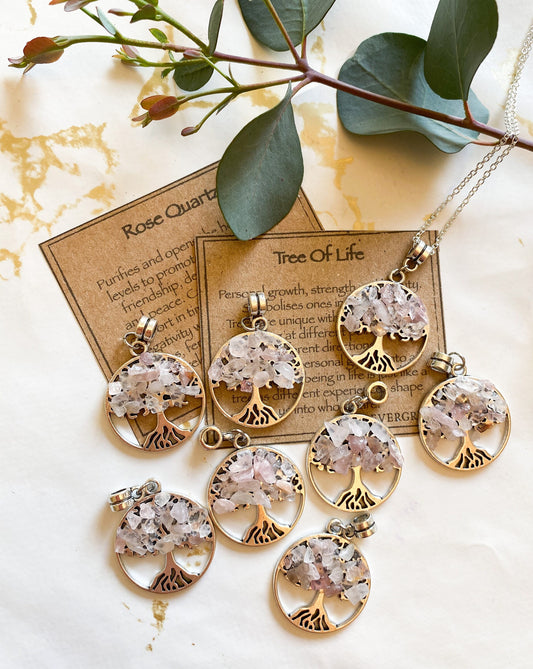Rose Quartz Crystal Tree Of Life Pendant - Growth, Strength, Beauty