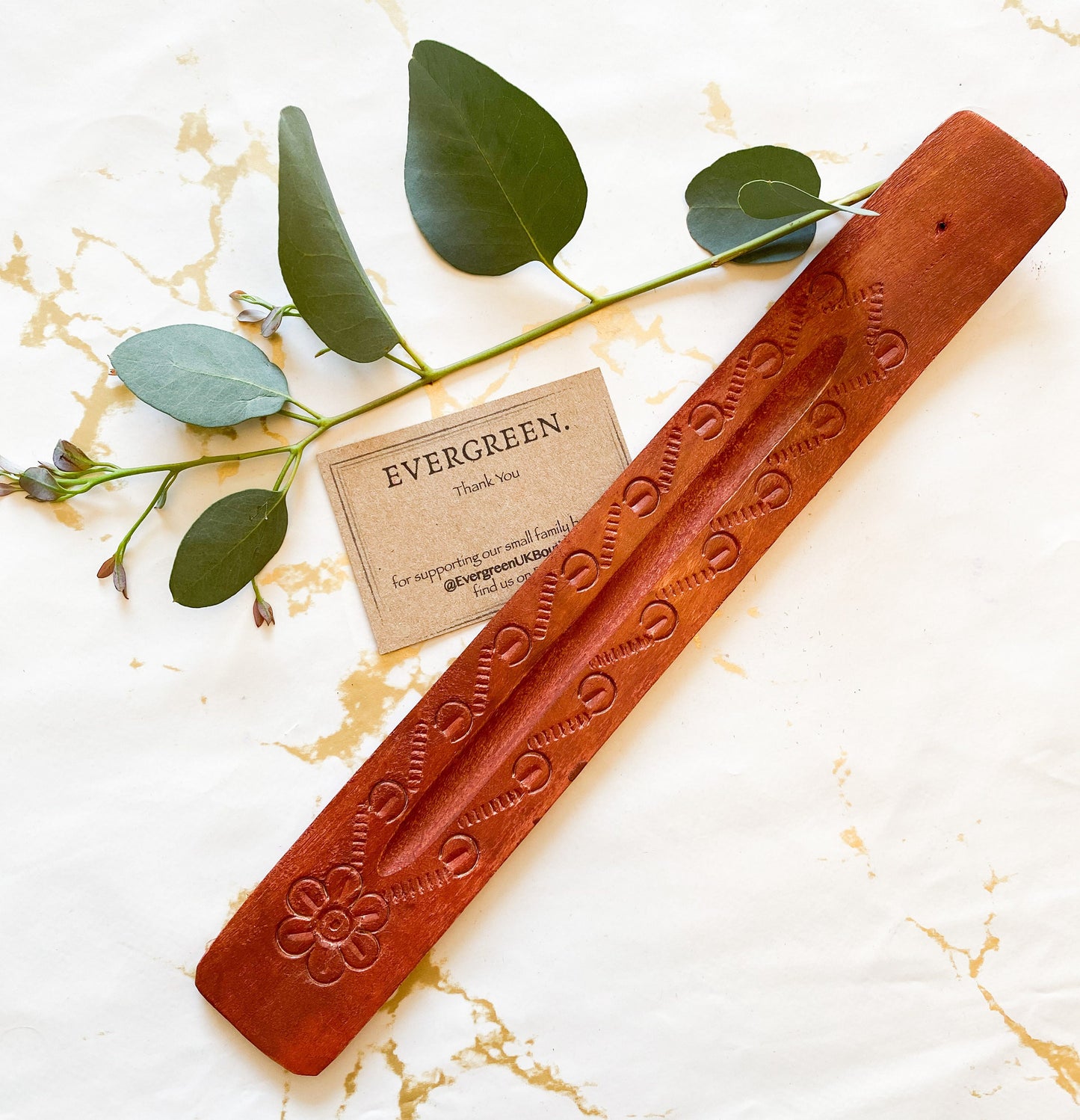 Mango Wood Incense Stick Holder / Ash Catcher - Peace, Love & Positivity