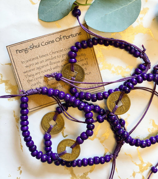 Purple Feng-Shui Coins Of Fortune Beaded Bracelet - Protection & Prosperity