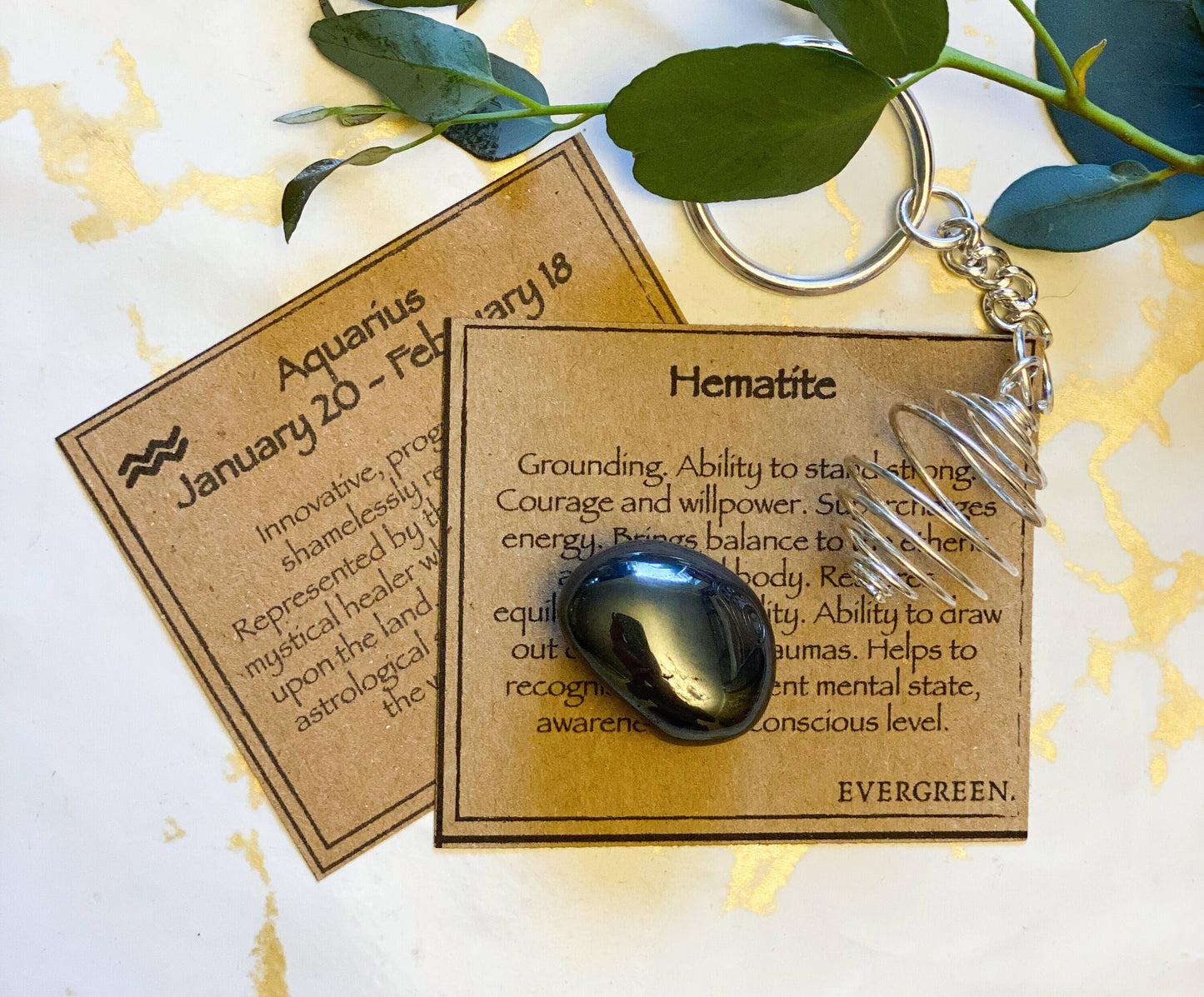 Aquarius Zodiac Magnetic Hematite Crystal Keychain Gift Set
