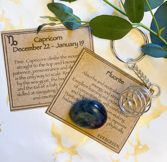 Capricorn Zodiac Fluorite Crystal Keychain Gift Set