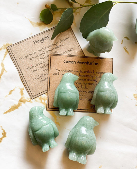 Hand Carved Green Aventurine Crystal Penguin - Leadership, Harmony & Adaptability