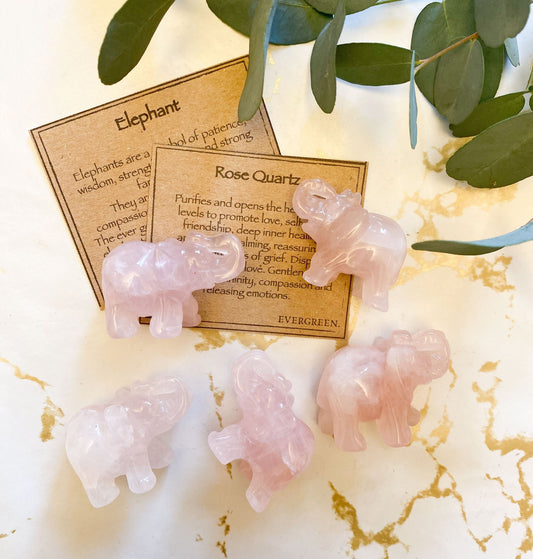 Hand Carved Rose Quartz Crystal Elephant - Love, Courage & Strength