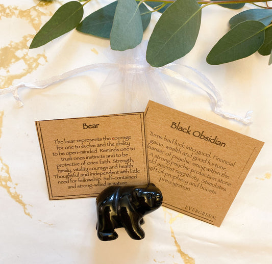 Hand Carved Black Obsidian Crystal Bear - Strength, Courage & Good Fortune