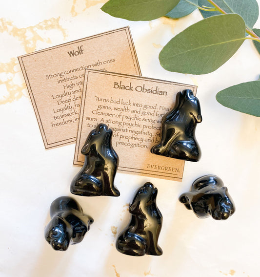 Hand Carved Black Obsidian Crystal Wolf - Protection, Freedom & Good Fortune