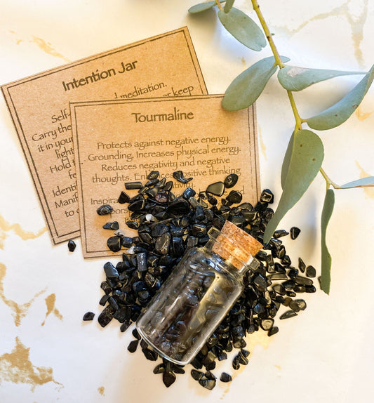 Black Tourmaline Crystal Chips Intention Jar - Grounding, Protection & Inspiration