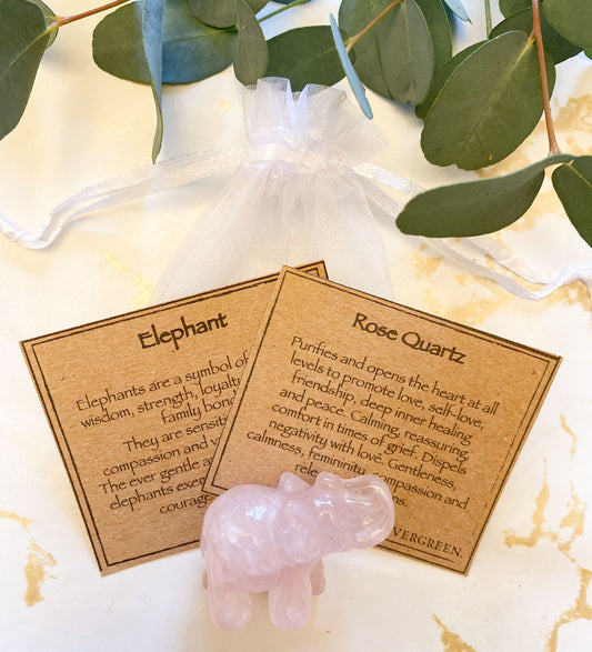 Hand Carved Rose Quartz Crystal Elephant - Love, Courage & Strength
