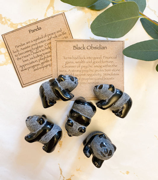 Hand Carved Black Obsidian Crystal Panda - Playfulness, Wealth & Good Fortune