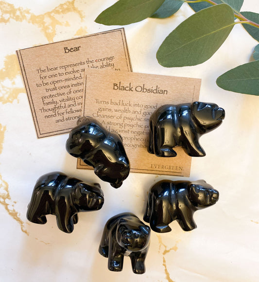 Hand Carved Black Obsidian Crystal Bear - Strength, Courage & Good Fortune