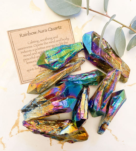 Raw Rainbow Aura Quartz Points - Positivity, Calming & Uplifting Energy