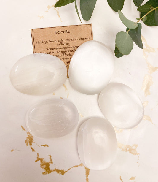 White Selenite Crystal Thumb Stone - Clarity, Wellbeing & Healing