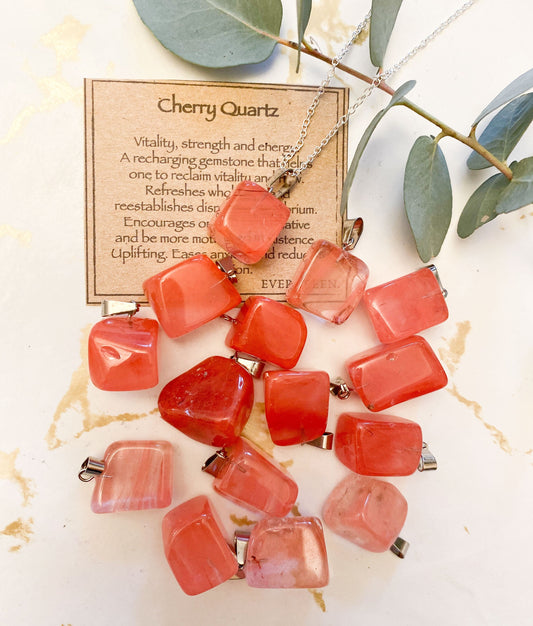 Cherry Quartz Crystal Tumbled Stone Pendant - Vitality, Strength & Energy