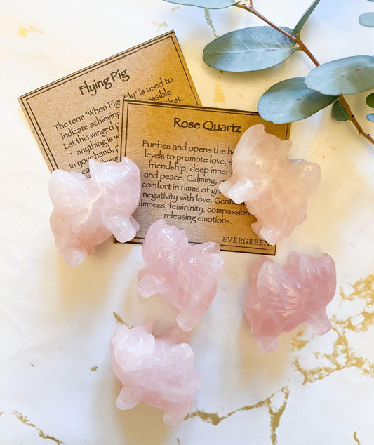 Rose Quartz Crystal Flying Pig - Love, Luck & Good Fortune