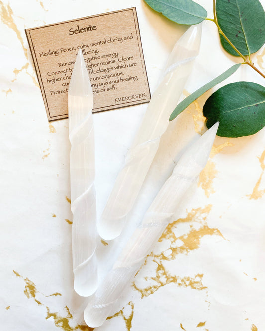 Selenite Crystal Spiral Pointed Wand - Healing, Peace & Clarity