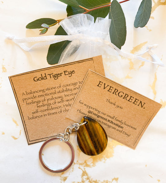 Gold Tiger Eye Crystal Teardrop Keychain - Balance, Courage & Self-Worth