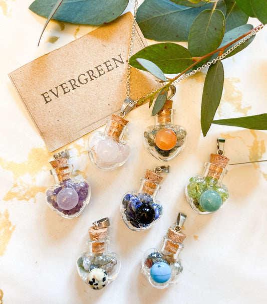 Crystal Chips Heart Shaped Intention Jar Pendant