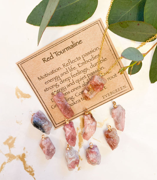 Raw Red Tourmaline Crystal Pendant - Energy, Passion & Grounding