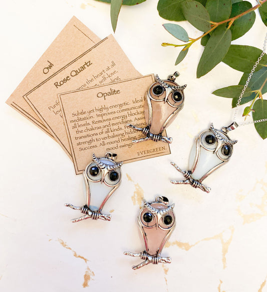 Rose Quartz / Opalite Crystal Owl Pendant - Wisdom, Intuition & Change