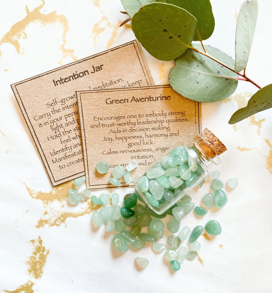 Green Aventurine Crystal Chips Intention Jar - Joy, Happiness & Good Luck