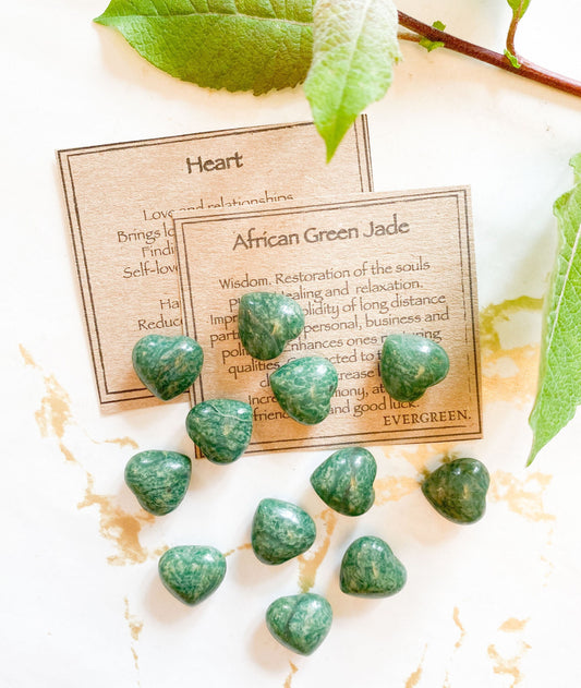 African Green Jade Crystal Heart 15mm - Wisdom, Restoration & Good Luck
