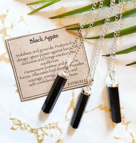 Black Agate Crystal Pendant And Chain - Stability, Protection & Strength