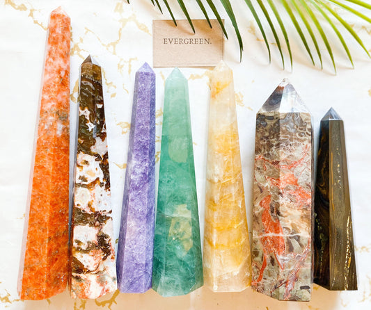 Crystal Towers & Obelisks - Sunstone / Moss Agate / Purple Lepiodilite / Green Fluorite / Yellow Fire Quartz / Money Agate / Iron Tiger Eye