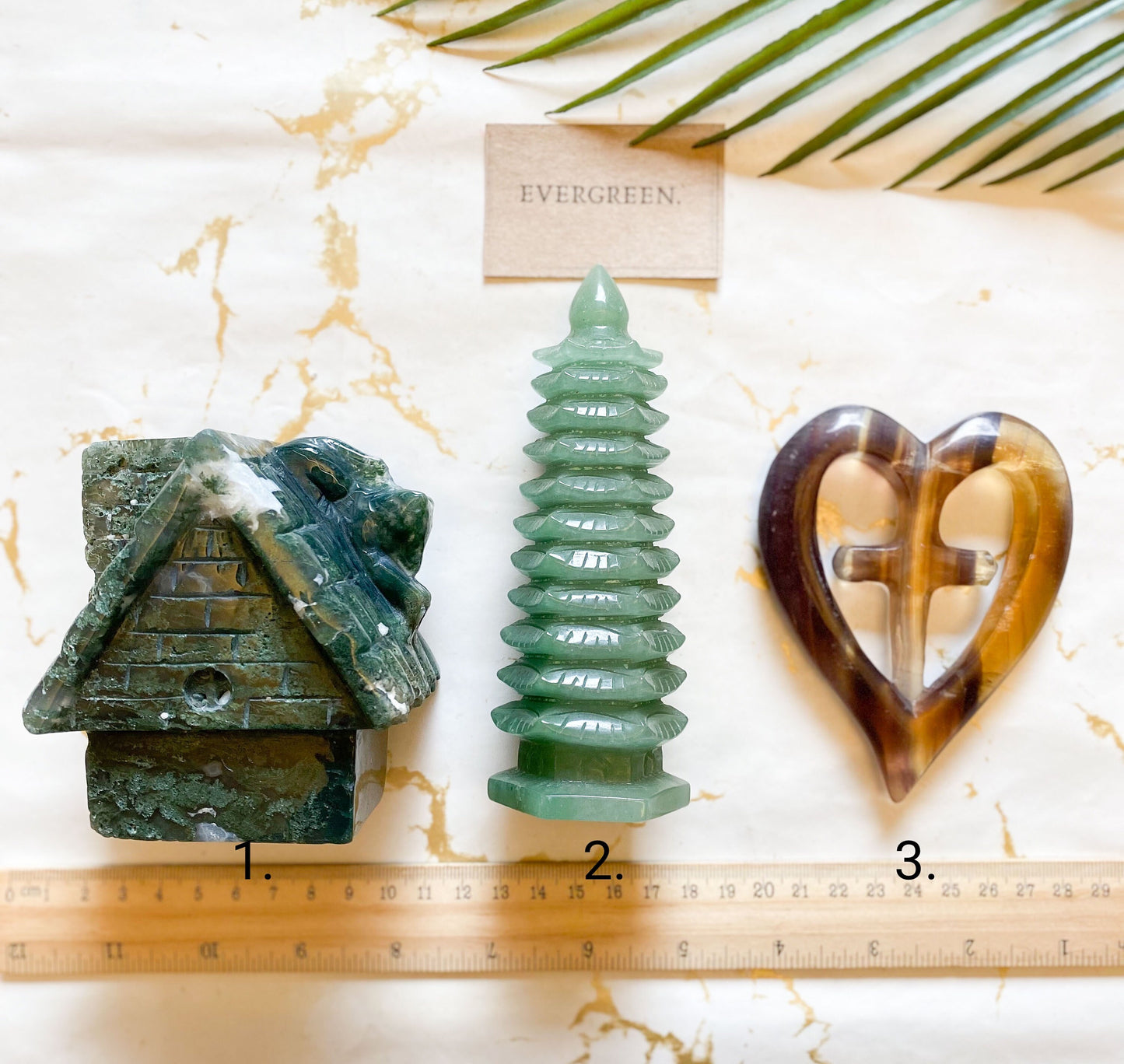 Crystal Carvings House, Pagoda, Heart & Cross - Aventurine, Agate, Fluorite