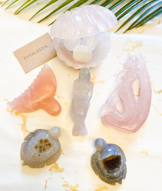 Ocean / Sea / Crystal Fish, Shell, Turtle & Mermaid Carvings - Quartz , Fluorite, Aventurine
