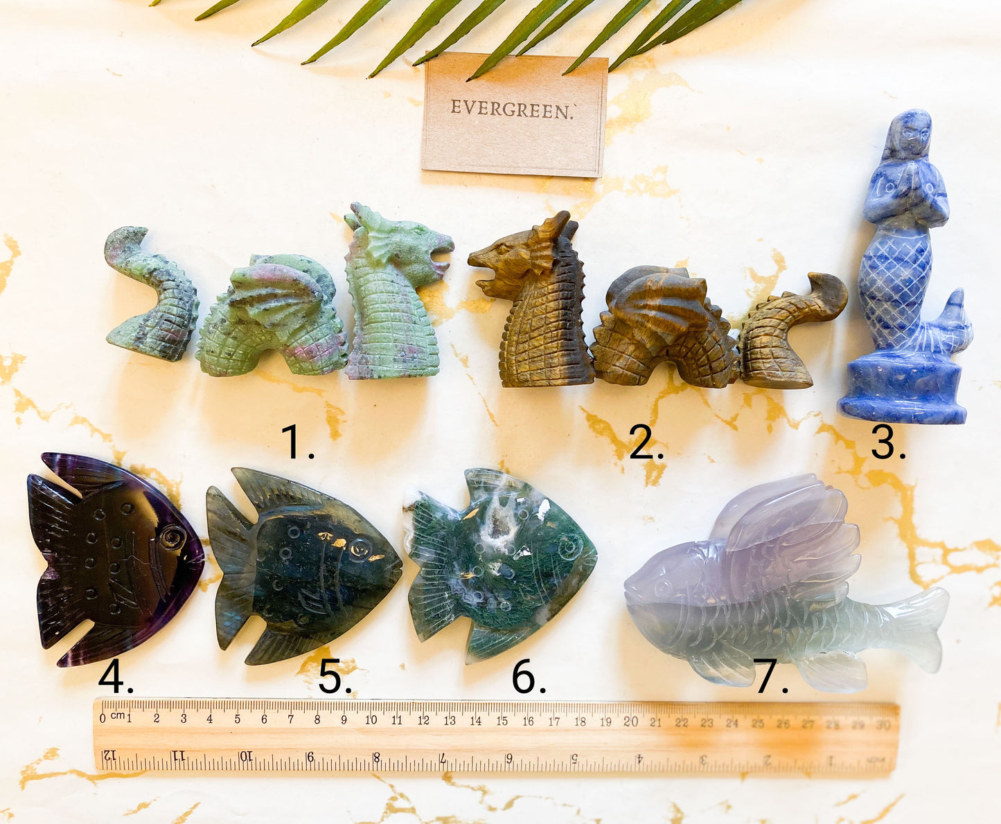 Ocean / Sea Crystal Carvings Fish, Loch Ness, Dragon, Mermaid - Tiger Eye, Fluorite, Ruby, Zoisite