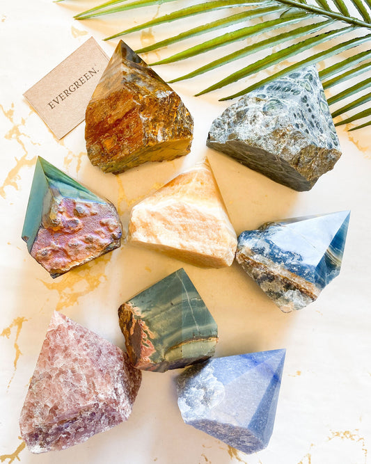Blue / Green / Yellow Half Raw Crystal Points - Onyx, Aventurine, Turquoise, Calcite, Quartz, Tiger Eye, Pietersite