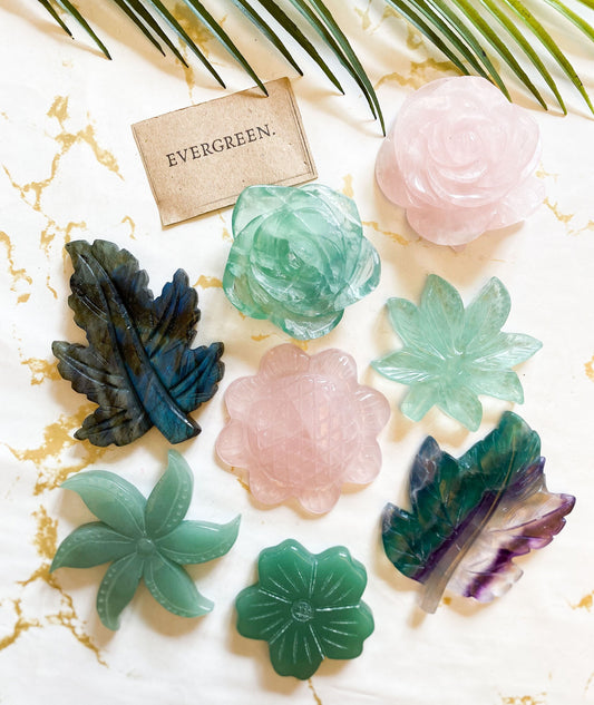 Crystal Flower & Leaf Carvings - Rose Quartz, Fluorite, Labradorite, Green Aventurine