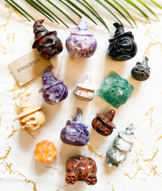 Crystal Pumpkin / Witch / Skull / Halloween Carving - Obsidian, Yooperlite, Network, Lepidolite, ade, Fluorite, Calcite, Agate