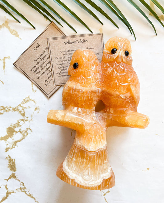 Yellow Calcite Crystal Owl Carving - Wisdom, Power & New Beginnings