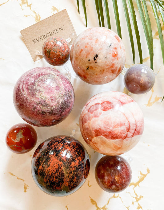 Red / Pink Crystal Spheres - Jasper, Quartz, Obsidian, Pork Stone, Rhodonite, Unakite