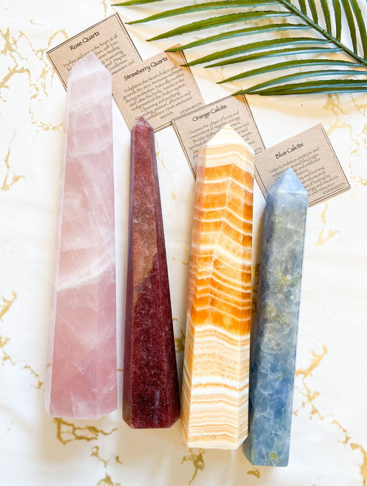 Extra Large Quartz & Calcite Crystal Towers + Obelisks - Rose Quartz, Strawberry Quartz, Blue Calcite, Yellow Calcite