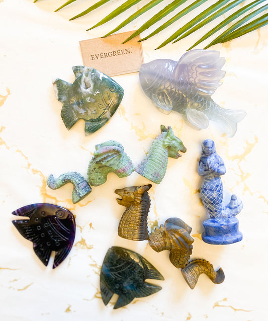Ocean / Sea Crystal Carvings Fish, Loch Ness, Dragon, Mermaid - Tiger Eye, Fluorite, Ruby, Zoisite