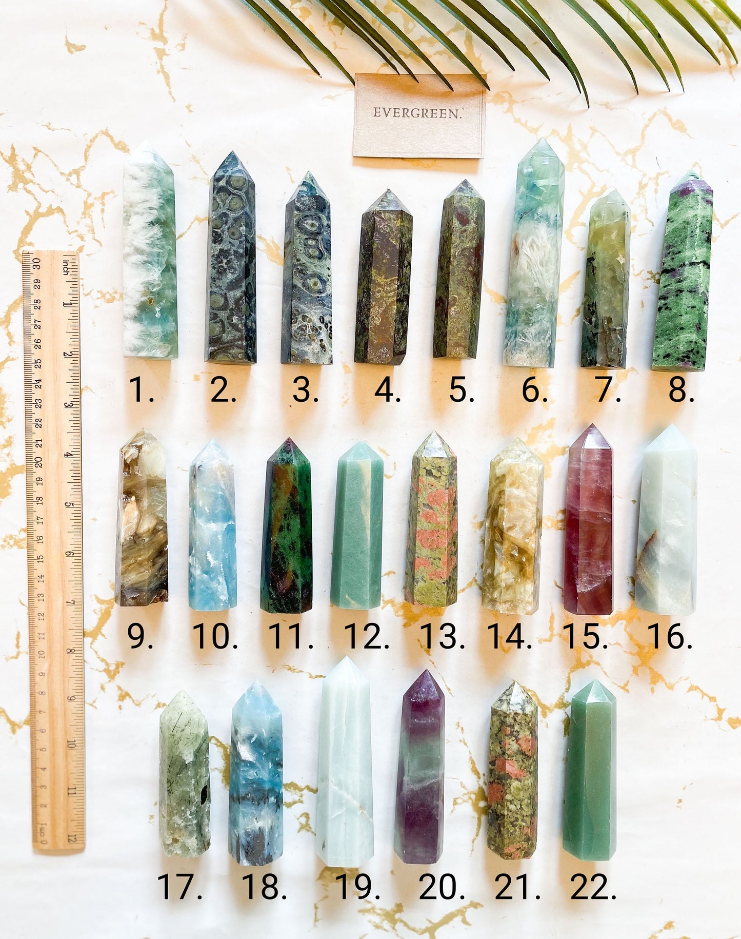 Green / Gold / Purple Crystal Towers & Obelisks - Fluorite, Jasper, Ammonite, Dragon Blood, Mica, Aventurine, Prehnite