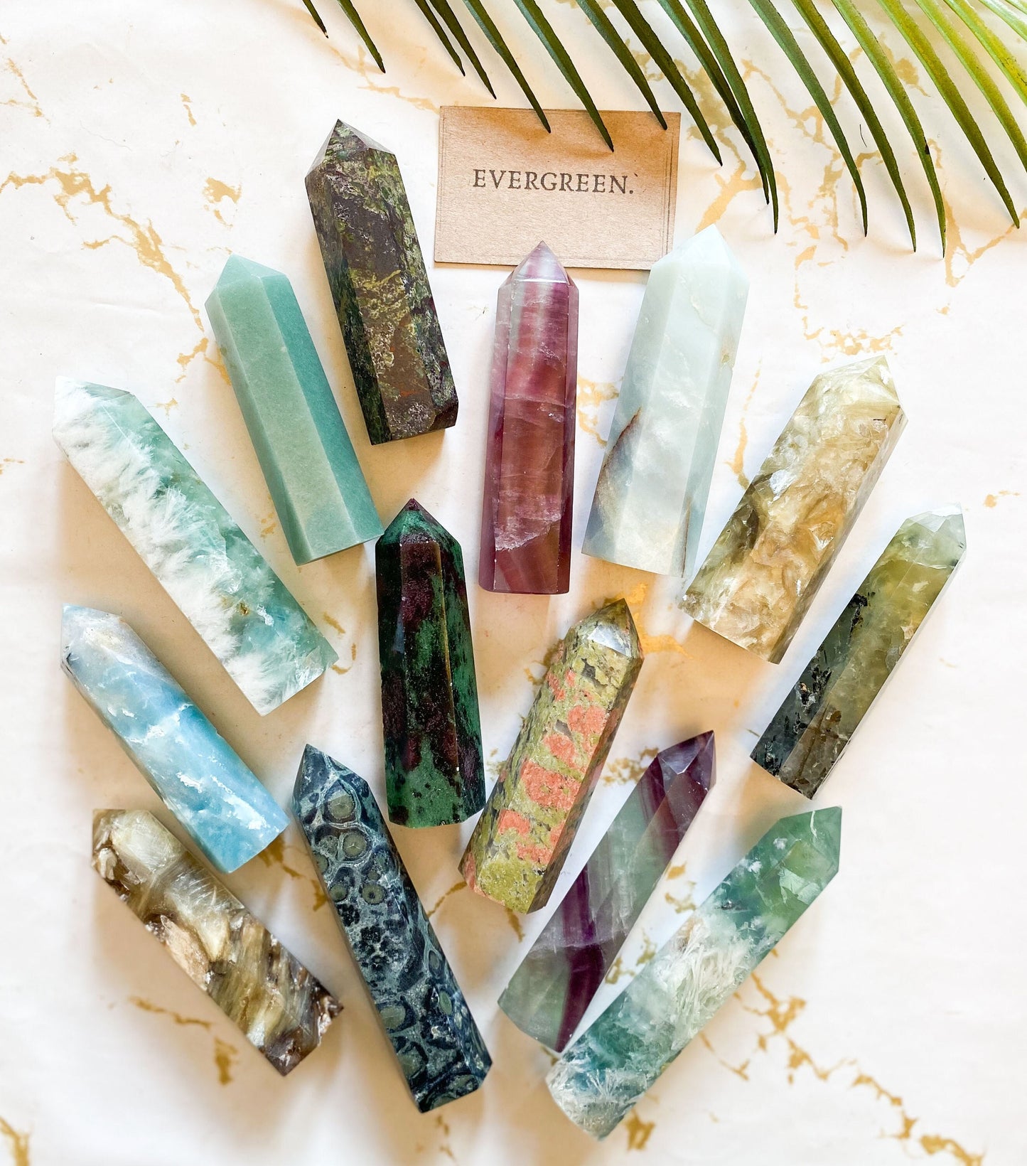 Green / Gold / Purple Crystal Towers & Obelisks - Fluorite, Jasper, Ammonite, Dragon Blood, Mica, Aventurine, Prehnite