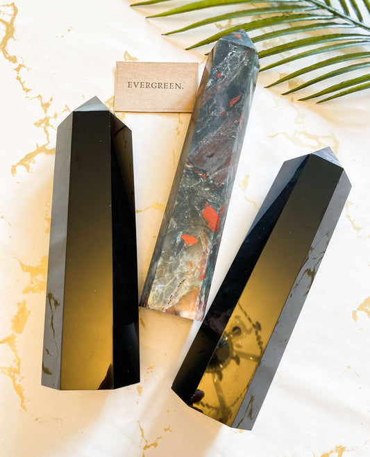 Black / Green Large Crystal Towers & Obelisks - Obsidian, Bloodstone