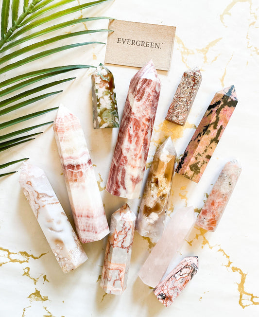 Pink / Red / Green Crystal Towers & Obelisks - Agate, Rhodonite, Quartz, Calcite, Sunstone