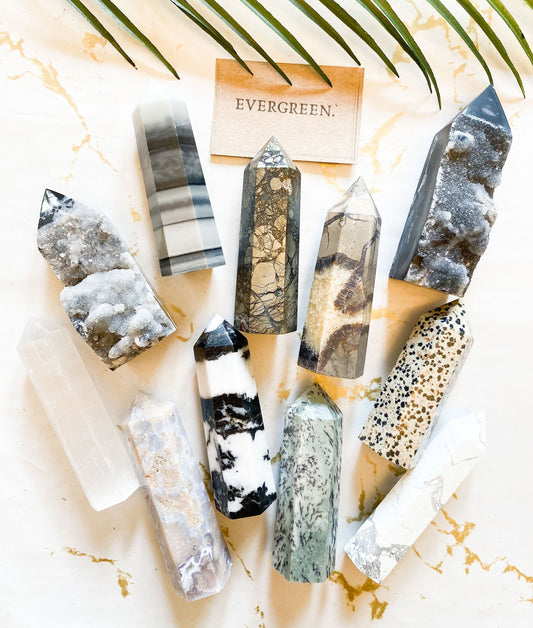 Black / White Crystal Towers & Obelisks - Jade, Agate, Jasper, Selenite, Sphalerite, Marcasite, Howlite, Sectarian