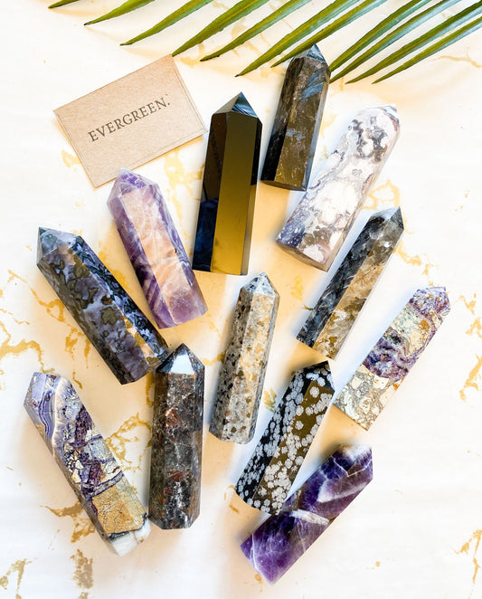 Black / Purple Crystal Towers & Obelisks - Garnet, Larvikite, Obsidian, Agate, Amethyst, Yooperlite, Fluorite, Indigo Gabbro