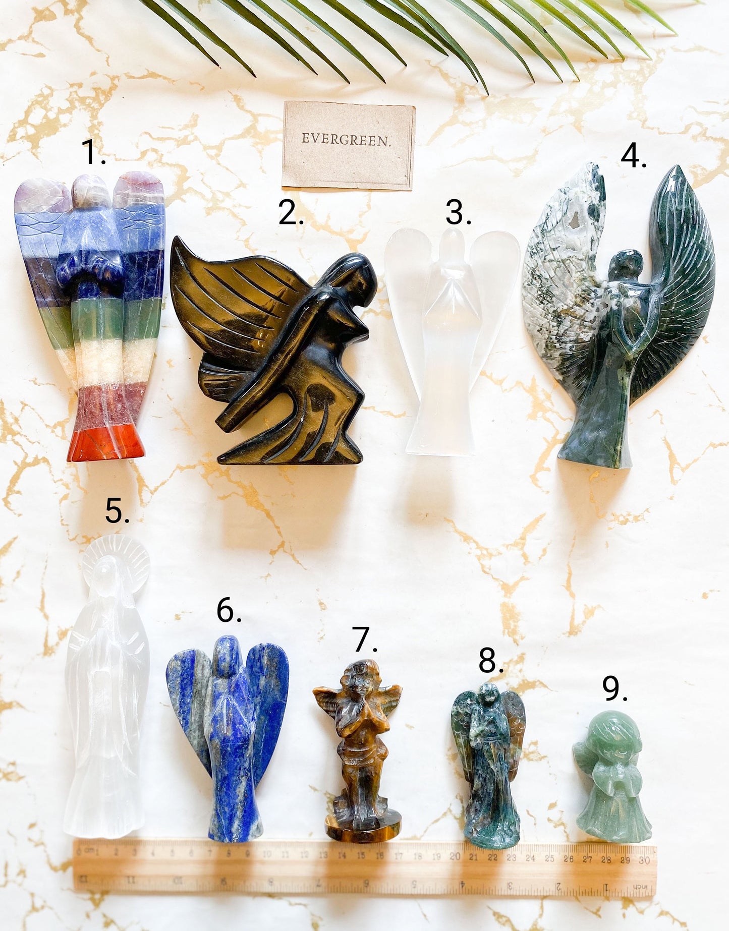 Crystal Angel Carvings - Lapis Lazuli, Gold Sheen Obsidian,  Selenite, Moss Agate, 7 Chakras