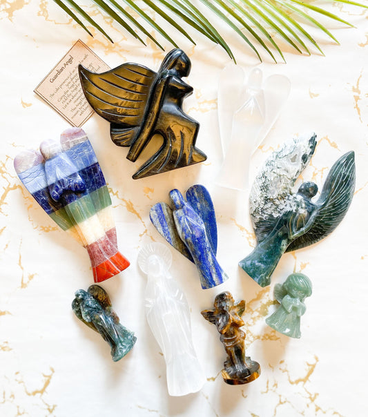 Crystal Angel Carvings - Lapis Lazuli, Gold Sheen Obsidian,  Selenite, Moss Agate, 7 Chakras
