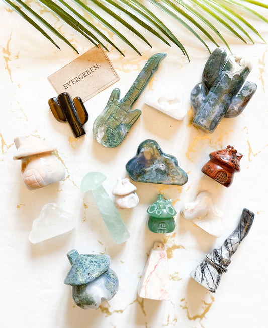 Crystal Carvings - Mushroom / Cactus / Cloud / Guitar, Broom, House, Tower