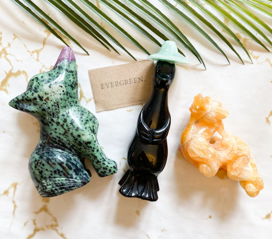 Crystal Animal Carvings - Duck, Wolf, Dragon