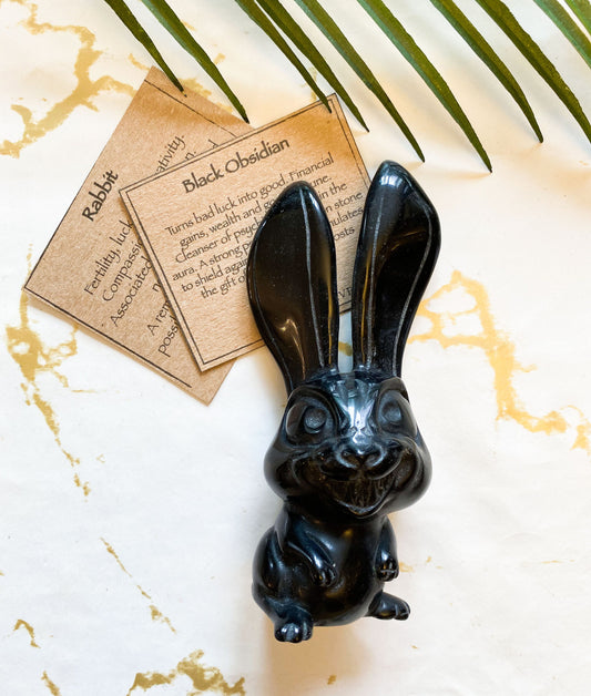 Black Obsidian Crystal Rabbit -  Good Fortune, Protection & Luck