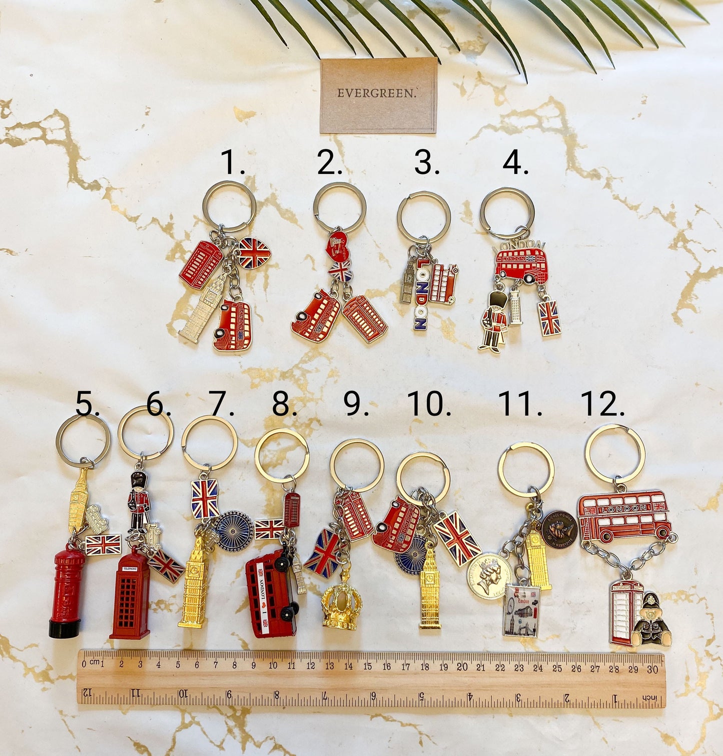 London England Souvenir Keychain - Big Ben, Union Jack, Double Decker Bus, Royal Mail Postbox, Crown, Penny, London Eye, Telephone Box