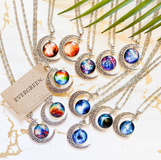 Ornate Crescent Moon Planet Necklace & Chain - Manifestation, Universal Connection, Law Of Attraction